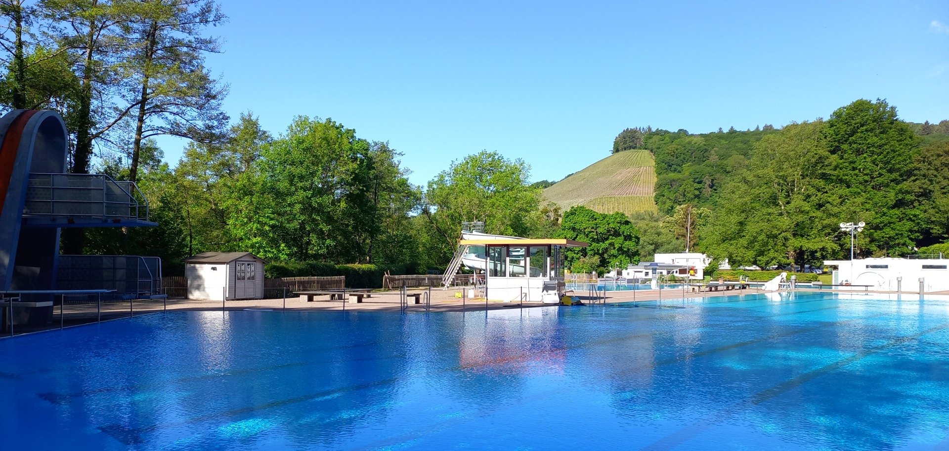 Schwimmbecken bei sonnigem Wetter umgeben von idyllischer Weinkulturlandschaft