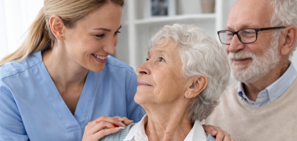 3 zuversichtlich wirkende Personen, welche an einem Tisch sitzen worauf ein Formular zur Pflegeversicherung liegt.