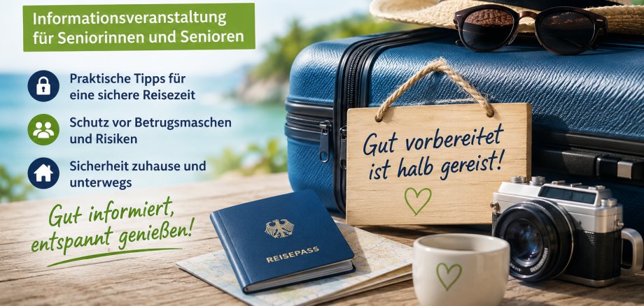 Reisekoffer, Reisepass, Sonnenhut und Sonnenbrille
