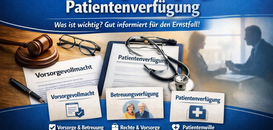 Grafik in den Farben blau, gelb weiß und braun mit verschiedenen Schlagwörtern wie Vorsorgevollmacht, Betreuungsverfügung und Patientenverfügung