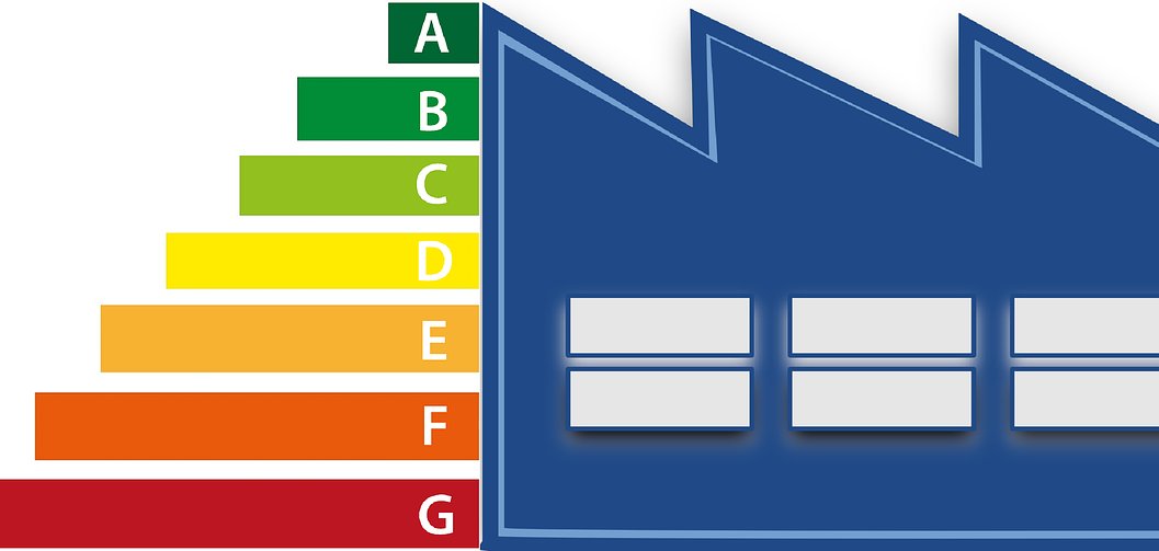 Gebäude mit Energieeffizienzskala von A bis G