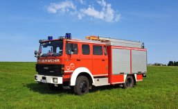 Klassisches rotes Feuerwehrfahrzeug auf einer Wiese unter blauem Himmel.